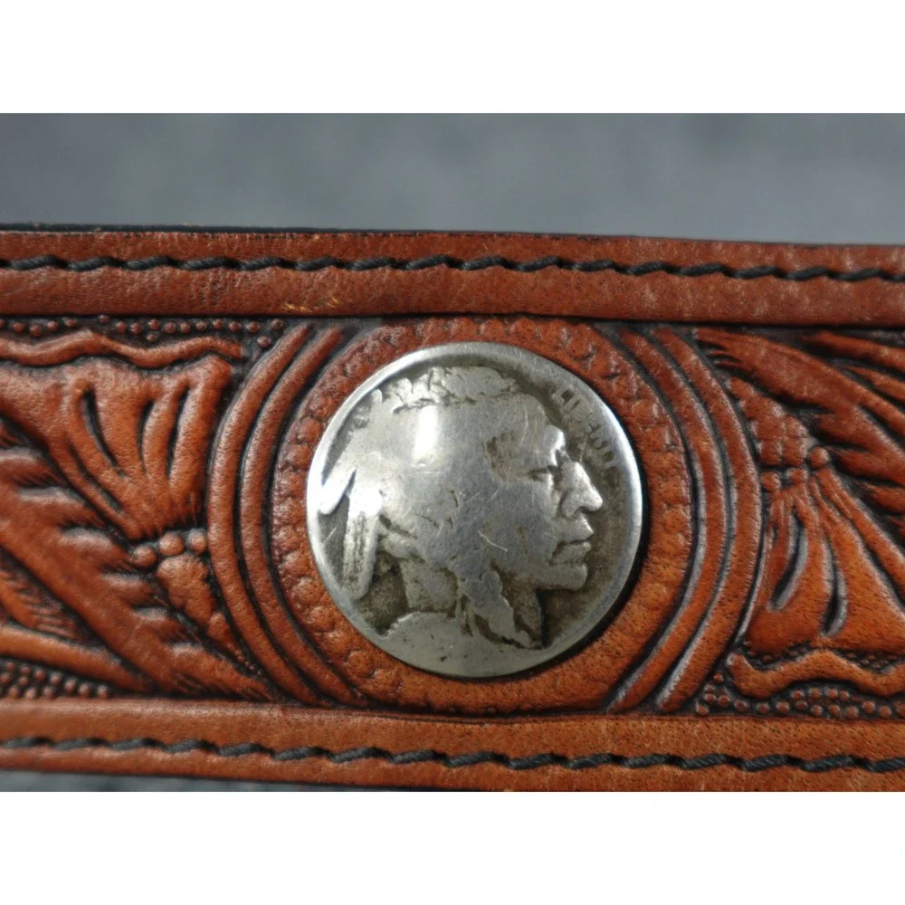 Custom‎ Leather Belt Bill Hand Tooled Western Cowboy Style Silver Buckle